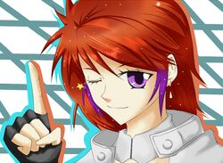  commentary_request earrings female fingerless_gloves gloves ibis_douglas jewelry nahato_(nhtaao) one_eye_closed purple_eyes red_hair short_hair smile solo star_(symbol) super_robot_wars 