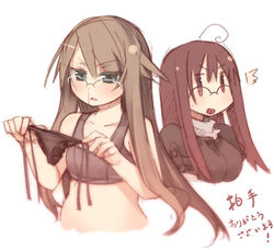  2girls ahoge arima_senka arima_senne black_panties blood brown_hair glasses green_eyes kashiwamochi_yomogi multiple_girls nosebleed original panties photoshop_(medium) sketch translated underwear 