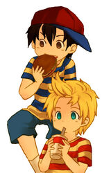  2boys bad_id bad_pixiv_id black_hair blonde_hair blue_eyes brown_eyes crossover drink food hat lowres lucas_(mother_3) male_focus mother_(game) mother_2 mother_3 multiple_boys ness_(mother_2) quiff super_smash_bros. watabou 