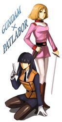  2girls bad_id bad_pixiv_id black_hair blonde_hair blue_eyes blunt_bangs boots copyright_name earrings gloves green_eyes gun gundam handgun inoue_you jewelry kanuka_clancy kidou_keisatsu_patlabor military military_uniform mobile_suit_gundam multiple_girls pantyhose police police_uniform sayla_mass sheath simple_background soot_(susuoke) sword uniform voice_actor_connection weapon white_legwear 