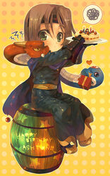  1boy ashton_anchors barrel birthday birthday_cake black_gloves black_robe blue_cape box brown_hair cake cape commentary_request dragon food gauntlets gift gift_box gloves green_eyes happy_birthday headband heart holding holding_cake holding_food holding_gift holding_plate korori_(mofu_mofu) long_hair male_focus plate polka_dot polka_dot_background robe simple_background sitting solo star_ocean star_ocean_the_second_story yellow_background 