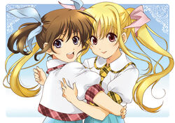  2girls blonde_hair blue_eyes brown_hair commentary_request cosplay fate_testarossa hair_ribbon long_hair lyrical_nanoha mahou_shoujo_lyrical_nanoha mizuki_nana mizuki_nana_(cosplay) multiple_girls orio photoshop_(medium) real_life red_eyes ribbon smile takamachi_nanoha tamura_yukari tamura_yukari_(cosplay) twintails voice_actor_connection 