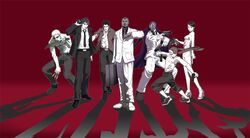  6+boys bad_id bad_pixiv_id bandana blood con_smith coyote_smith dan_smith dual_wielding everyone female formal garcian_smith glasses gun handgun holding kaede_smith kevin_smith killer7 knife komaq mask mask_de_smith multiple_boys necktie shadow suit suitcase sunglasses topless_male weapon 