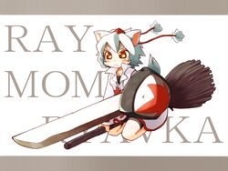  animal_ears commentary_request female hat huge_weapon inubashiri_momiji looking_at_viewer pom_pom_(clothes) ray-kudryavka red_eyes shield simple_background solo sword tokin_hat touhou ugif weapon white_background wolf_ears 