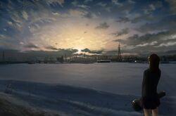  bad_id bad_pixiv_id building cloud cloudy_sky female guitar_case instrument_case landscape living looking_away original outdoors power_lines scenery school_uniform skirt sky snow solo sunlight sunrise twilight 