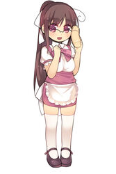  ahoge arima_senne brown_hair female glasses kashiwamochi_yomogi long_hair original photoshop_(medium) ponytail red_eyes solo thighhighs waitress 