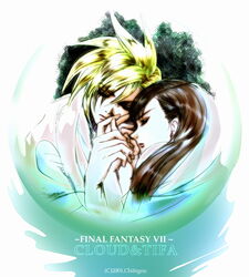  1boy blonde_hair brown_hair character_name chibigou cloud_strife copyright_name couple female final_fantasy final_fantasy_vii long_hair straight tifa_lockhart 