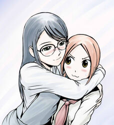  2girls :3 aoi_hana blush brown_hair commentary_request glasses hug lowres mac-v manjoume_fumi multiple_girls okudaira_akira partial_commentary school_uniform serafuku yuri 