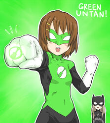  2girls batman batman_(cosplay) batman_(series) blonde_hair bodysuit brown_hair commentary_request cosplay crossover dc_comics eno_(abekawa_hikozaemon_x) gloves green_lantern green_lantern_(cosplay) hirasawa_yui jewelry k-on! kotobuki_tsumugi long_hair multiple_girls parody pun ring short_hair 