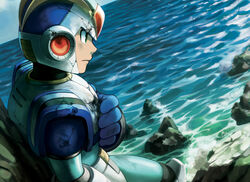  1boy armor ending first_armor_x_(mega_man) green_eyes injury male_focus mega_man_(series) mega_man_x1 mega_man_x_(series) ocean robot rock solo teatea water x_(mega_man) 