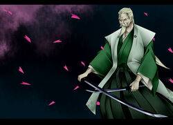  1boy beard black_hakama bow cherry_blossoms commentary_request crossed_swords dual_wielding facial_hair green_hakama green_kimono hakama hakama_skirt highres holding holding_sword holding_weapon japanese_clothes jinbaori katana kimono konpaku_youki layered_clothes layered_kimono letterboxed long_sleeves male_focus moustache old old_man petals sash skirt solo sword touhou wakizashi weapon white_hair wide_sleeves yukichi_(bancho99) 