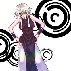  aner_rolange blue_eyes commentary_request female frown hands_on_own_hips m.u.g.e.n simple_background sleeveless solo tobi_(discharge_cycle) white_hair wristband 