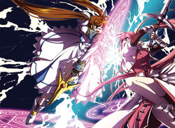  2girls asamiyajy battle blocking brown_hair commentary duel energy_barrier laevatein_(nanoha) lyrical_nanoha magic_circle magical_girl mahou_shoujo_lyrical_nanoha mahou_shoujo_lyrical_nanoha_strikers multiple_girls photoshop_(medium) pink_hair ponytail raising_heart raising_heart_(exelion_mode) signum sword takamachi_nanoha takamachi_nanoha_(exceed_mode) twintails weapon 