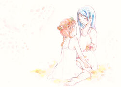  2girls aoi_hana bad_id bad_pixiv_id barefoot blue_hair blush braid brown_hair closed_eyes dress flower flower_wreath glasses graphite_(medium) head_wreath kneeling long_hair manjoume_fumi multiple_girls okudaira_akira orange_hair painting_(medium) photoshop_(medium) rinsan_(nametake) smile sundress traditional_media twin_braids watercolor_(medium) 