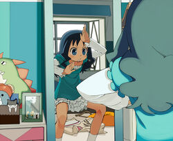  :o :x bean_bag_chair blue_eyes blue_hair casual clothes_hanger clothes_on_floor commentary_request female heartcatch_precure! kurumi_erika mirror photoshop_(medium) precure reflection school_uniform skirt socks standing stuffed_animal stuffed_toy toy v-shaped_eyebrows window yukihiroyuki 