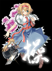  alice_margatroid black_background blonde_hair blue_eyes blush book boots capelet cleaver commentary_request cross-laced_footwear dianthus doll female floral_background flower full_body glint grimoire_of_alice hairband hand_up highres holding holding_book holding_weapon kanji knee_boots lace-up_boots long_hair looking_at_viewer multicolored_flower one_eye_closed outstretched_arm pink_flower piromizu red_ribbon ribbon shanghai_doll short_hair smile solo touhou weapon white_capelet white_flower 