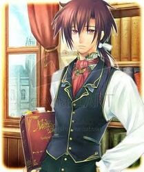  1boy book brown_hair curtains formal gimei long_hair lowres male_focus original ribbon solo vest watermark window 