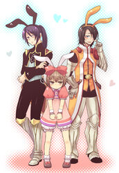  3boys alternate_costume animal_ears armor bad_id bad_pixiv_id black_eyes black_hair bloomers blush boots bow brown_eyes brown_hair crossdressing green_eyes karol_capel karol_capel_(girly) knee_boots long_hair male_focus multiple_boys official_alternate_costume okmr otoko_no_ko pink_bow ponytail rabbit_ears ribbon schwann_oltorain smile spoilers surcoat tales_of_(series) tales_of_vesperia underwear uniform white_bloomers yuri_lowell yuri_lowell_(true_knight) 