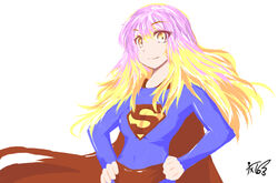  clothes_writing commentary_request cosplay dc_comics female gradient_hair hijiri_byakuren long_hair milksea multicolored_hair parody photoshop_(medium) signature solo superhero_costume superman superman_(cosplay) superman_(series) superwoman touhou yellow_eyes 