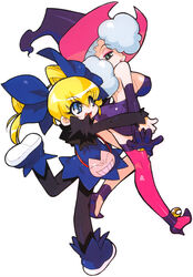  2girls akatsuki_gomoku backless_dress backless_outfit bag blonde_hair blue_footwear blue_hair breasts dress elbow_gloves eyeshadow gloves gunbarich gunbird handbag hat high_heels large_breasts long_hair long_sleeves majoria makeup marion microdress miniskirt multiple_girls oerba_yun_fang official_art open_mouth photoshop_(medium) pink_legwear purple_dress purple_footwear purple_gloves shoes simple_background single_thighhigh skirt strappy_heels thighhighs twintails white_background witch witch_hat 