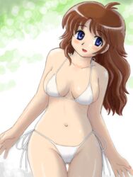  bikini blue_eyes breasts brown_hair cleavage commentary_request earrings female jewelry kitazaki_mayuki lipstick long_hair looking_to_the_side makeup marison_(aono107) open_mouth original side-tie_bikini_bottom smile solo swimsuit white_bikini wide_hips 