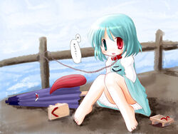  asatama bad_feet barefoot blue_eyes blue_hair blush chains collar commentary_request female fence geta heterochromia karakasa_obake red_eyes short_hair sitting solo tatara_kogasa touhou umbrella 