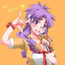  blush commentary_request drill_hair female glasses long_hair macross macross_frontier matsuura_nanase microphone painttool_sai_(medium) purple_eyes purple_hair ribbon seikan_hikou solo sweatdrop zanku 