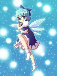  &gt;:) blue_eyes blue_hair bobby_socks bow cirno danmaku female fighting_stance hairbow ice kimarin short_hair smile socks solo touhou v-shaped_eyebrows white_socks 