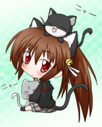  :&lt; animal animal_ears animal_on_head blush brown_hair cat_ears cat_on_head chibi commentary_request feline female little_busters! long_hair looking_back md5_mismatch natsume_rin on_head plaid plaid_skirt ponytail resolution_mismatch school_uniform skirt solo source_larger soutsuki_naru 