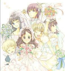  6+girls angel_wings bare_shoulders black_eyes black_hair blonde_hair blue_eyes bob_cut bouquet bow bowtie bridal_veil bride brown_eyes closed_eyes commentary_request cross dress elbow_gloves flower gloves hair_flower hair_ornament headdress ichi_(ichi404) jewelry long_hair multiple_girls nun one_eye_closed red_eyes ring sarah_adiemus sawachika_eri school_rumble short_hair suou_mikoto_(school_rumble) takano_akira tsukamoto_yakumo tuxedo veil wavy_hair wedding_dress wings yuuki_tsumugi 