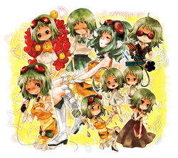  6+girls ahoge alternate_costume ametsubu_dance_(vocaloid) bad_id bad_pixiv_id bird bokura_no_16bit_warz_(vocaloid) book boots bow campanella_(vocaloid) chibi goggles goggles_on_head green_eyes green_green_midori-mushi_(vocaloid) green_hair gumi headphones headset heart kimi_ni_gomen_ne_(vocaloid) megu_megu_fire_endless_night_(vocaloid) midriff mitsuka multiple_girls multiple_persona pocket_watch ribbon rubik&#039;s_cube samfree_(&quot;night&quot;_songs) short_hair skirt smile songover sonika vocaloid watch 