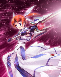  blue_eyes brown_hair female lyrical_nanoha mahou_shoujo_lyrical_nanoha mahou_shoujo_lyrical_nanoha_the_movie_1st photoshop_(medium) raising_heart raising_heart_(cannon_mode) solo staff takamachi_nanoha takamachi_nanoha_(movie_1st_mode) tom_(1art.) twintails 