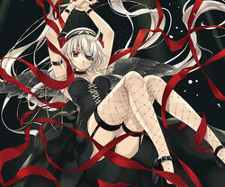  armlet arms_up black_panties black_wings bracelet breasts choker cleavage cradle_(circle) dress eyepatch female fishnet_thighhighs fishnets flower garter_straps hairband high_heels jewelry legs long_hair medium_breasts misaki_kurehito nail_polish original panties pantyshot photoshop_(medium) red_eyes red_nails ribbon rose shoes solo thighhighs underwear white_hair wings 