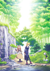  2girls animal_ears blonde_hair commentary_request fumotono_mikoto light long_hair merchant_(ragnarok_online) multiple_girls nature outdoors photoshop_(medium) priest priest_(ragnarok_online) rabbit ragnarok_online thighhighs tree twintails water 