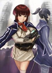  1boy bad_id bad_pixiv_id belt black_hair blunt_bangs brown_eyes brown_hair coat enumiyaa female flynn_(megami_tensei) gauntlets highres isabeau_(megami_tensei) ponytail shin_megami_tensei shin_megami_tensei_iv short_hair sword weapon 