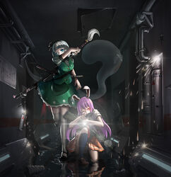  2girls absurdres animal_ears arm_up assault_rifle battle_rifle black_bow black_bowtie black_footwear black_legwear blue_eyes blunt_bangs bow bowtie breasts brown_footwear chinese_commentary commentary_request covering_own_mouth diffraction_spikes dress_shirt flashlight full_body gangsta_hold glint green_skirt green_vest gun h&amp;k_g3 hair_ribbon handgun heckler_&amp;_koch highres indoors industrial_pipe katana kneehighs konpaku_youmu konpaku_youmu_(ghost) lens_flare light_purple_hair loafers lolipantherwww long_hair looking_to_the_side machine_gun mary_janes medium_breasts multiple_girls necktie on_one_knee one_eye_closed panties pantyshot photoshop_(medium) pleated_skirt puffy_short_sleeves puffy_sleeves rabbit_ears red_eyes red_necktie red_skirt reflection reisen_udongein_inaba ribbon rifle scabbard sheath shirt shoes short_hair short_sleeves skirt socks sparks standing standing_on_one_leg striped_clothes striped_panties sword thighhighs touhou tunnel underwear unsheathing very_long_hair vest water water_drop weapon white_hair white_legwear white_shirt zettai_ryouiki 