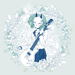  commentary_request electric_guitar female flower fox_mask guitar instrument kiwi_(ohyeah2050) mask photoshop_(medium) school_uniform serafuku shibasaki_erika solo tsurezure_children 