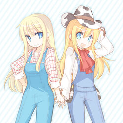  2girls animal_print blonde_hair blue_eyes bokujou_monogatari bokujou_monogatari:_hajimari_no_daichi claire_(bokujou_monogatari) commentary_request cow_print cowboy_hat hat holding_hands long_hair multiple_girls nocana open_mouth overalls photoshop_(medium) rio_(bokujou_monogatari) smile 