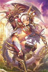  armor axe black_gloves blush breasts brown_eyes chain_chronicle chains claws cloud commentary_request dark-skinned_female dark_skin dragon dragon_girl dragon_tail elbow_gloves female fins gloves head_fins highres holding holding_weapon lens_flare long_hair looking_at_viewer madopen medium_breasts navel one_eye_closed open_mouth outdoors photoshop_(medium) shield standing standing_on_one_leg tail very_long_hair weapon white_hair 