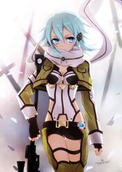  blue_eyes blue_hair blush bodysuit rifle scarf shinon_(sao) short_hair sword_art_online warrior 