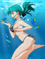  aqua_eyes aqua_hair barefoot bikini black_bikini breasts female fish floating_hair large_breasts long_hair non-web_source official_art photoshop_(medium) ponytail profile randou_serika solo super_real_mahjong swimsuit tanaka_ryou 