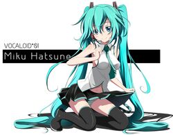  aqua_hair bare_shoulders blue_eyes blush boots character_name clothes_lift commentary_request female hatsune_miku headset kneeling long_hair navel necktie panties skirt skirt_lift smile solo striped_clothes striped_panties suemizu_yuzuki thigh_boots thighhighs twintails underwear very_long_hair vocaloid 