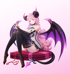  absurdres ass aura_kingdom bare_shoulders black_choker black_legwear breasts choker commentary_request cookman demon_girl elbow_gloves female fingerless_gloves gloves gradient highres horns large_breasts long_hair looking_at_viewer morrigan_(aura_kingdom) photoshop_(medium) pink_background pink_hair red_eyes sitting tail thighhighs valentine wings 