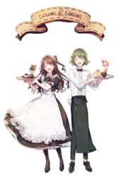  1boy absurdres apron bad_id bad_pixiv_id black_apron black_dress black_footwear black_pants boots brown_hair butler cake character_name closed_eyes dress dress_shirt female floating_hair food full_body green_hair highres idolmaster idolmaster_cinderella_girls idolmaster_side-m isamu_(gaioo0303) long_hair maid maid_headdress name_connection one_side_up open_mouth pants parfait shimamura_uzuki shirt shoes short_hair short_sleeves simple_background smile standing uzuki_makio waiter waitress white_apron white_background white_shirt 