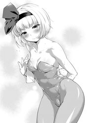  bad_id bad_twitter_id blush breasts cleavage female greyscale highres inactive_account konpaku_youmu leotard mario_(mario_portal) medium_breasts monochrome pantyhose playboy_bunny rabbit_tail short_hair solo tail touhou wrist_cuffs 