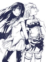  2girls akemi_homura akemi_homura_(magical_girl) argyle_clothes argyle_legwear armband back-to-back cape commentary_request holding_hands long_hair magical_girl mahou_shoujo_madoka_magica mahou_shoujo_madoka_magica_(anime) miki_sayaka miki_sayaka_(magical_girl) monochrome multiple_girls pantyhose short_hair soul_gem thighhighs yuuki_(yuuki333) zettai_ryouiki 