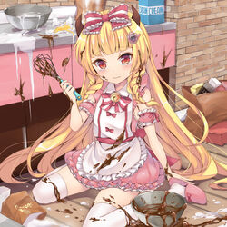  3: apron arm_strap bag bell blonde_hair blush bow bowl braid chocolate chocolate_making chocolate_on_body chocolate_on_face chocolate_on_legs commentary_request cream dirty dirty_clothes dress egg female food food_on_body food_on_face hair_over_shoulder hairbow horns jingle_bell kidatsu!_dungeons_lord kitchen kyoma_(yellowxcake) long_hair messy messy_room mixing_bowl original pink_dress red_eyes shopping_bag sitting solo spilling tears thighhighs twin_braids valentine very_long_hair waist_apron wariza wavy_mouth whisk white_thighhighs zettai_ryouiki 