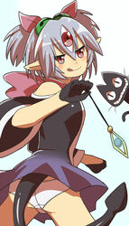  :q ass bell bow commentary_request demon_girl demon_tail diti_(selecta) duel_monster feline female gloves grey_hair hairbow highres hypnosister jewelry licking_lips looking_back panties pendant pendulum pointy_ears red_eyes smile solo tail third_eye tongue tongue_out underwear yu-gi-oh! 