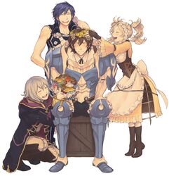  2boys ^_^ apron arm_garter armor bad_id bad_pixiv_id blonde_hair blue_hair blush boots bow bowtie box breastplate brother_and_sister brown_hair chrom_(fire_emblem) closed_eyes corset dress embarrassed female fingerless_gloves fire_emblem fire_emblem_awakening flower frederick_(fire_emblem) frills gloves hair_between_eyes happy head_wreath headpiece holding hood hoodie jacket knee_boots kneeling laughing leaning leaning_forward lissa_(fire_emblem) long_sleeves markings multiple_boys mushroom on_box pants parted_bangs pauldrons prince princess puffy_pants puffy_sleeves robin_(fire_emblem) short_hair shoulder_armor siblings simple_background sitting sitting_on_box skirt sleeveless szmws teeth tiara tiptoes twintails white_background white_hair wide_sleeves 