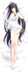  bare_legs barefoot bed_sheet black_eyes black_hair breasts cleavage clothes_lift commentary_request dakimakura_(medium) dress dress_lift ever_17 female full_body highres komachi_tsugumi legs lingerie long_hair lying medium_breasts negligee nightgown on_back panties see-through shiny_skin solo takigawa_yuu underwear very_long_hair 